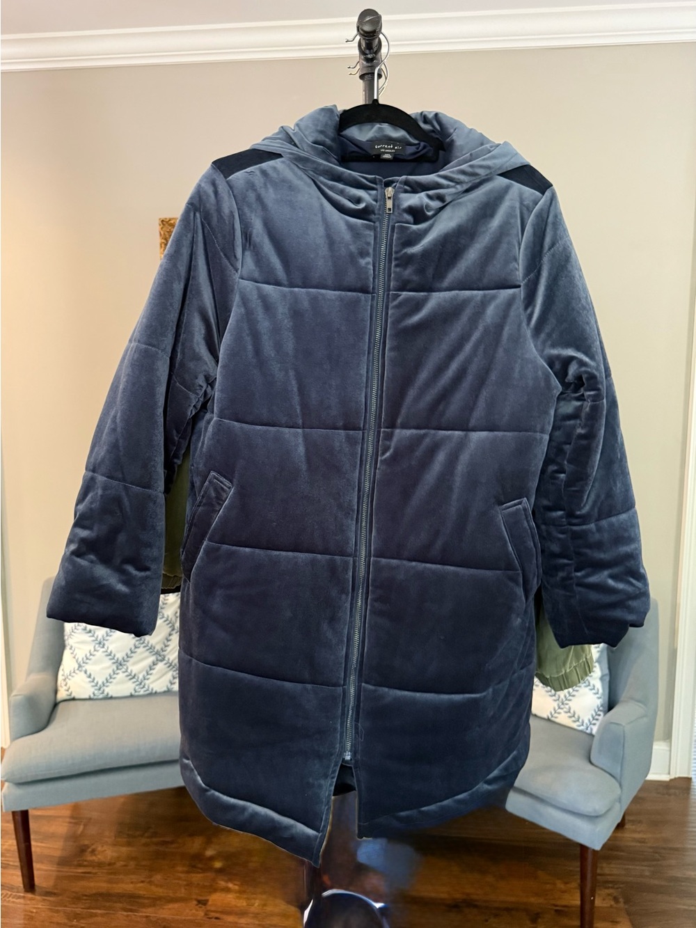 Current Air Navy Hooded Velvet Puffer Coat